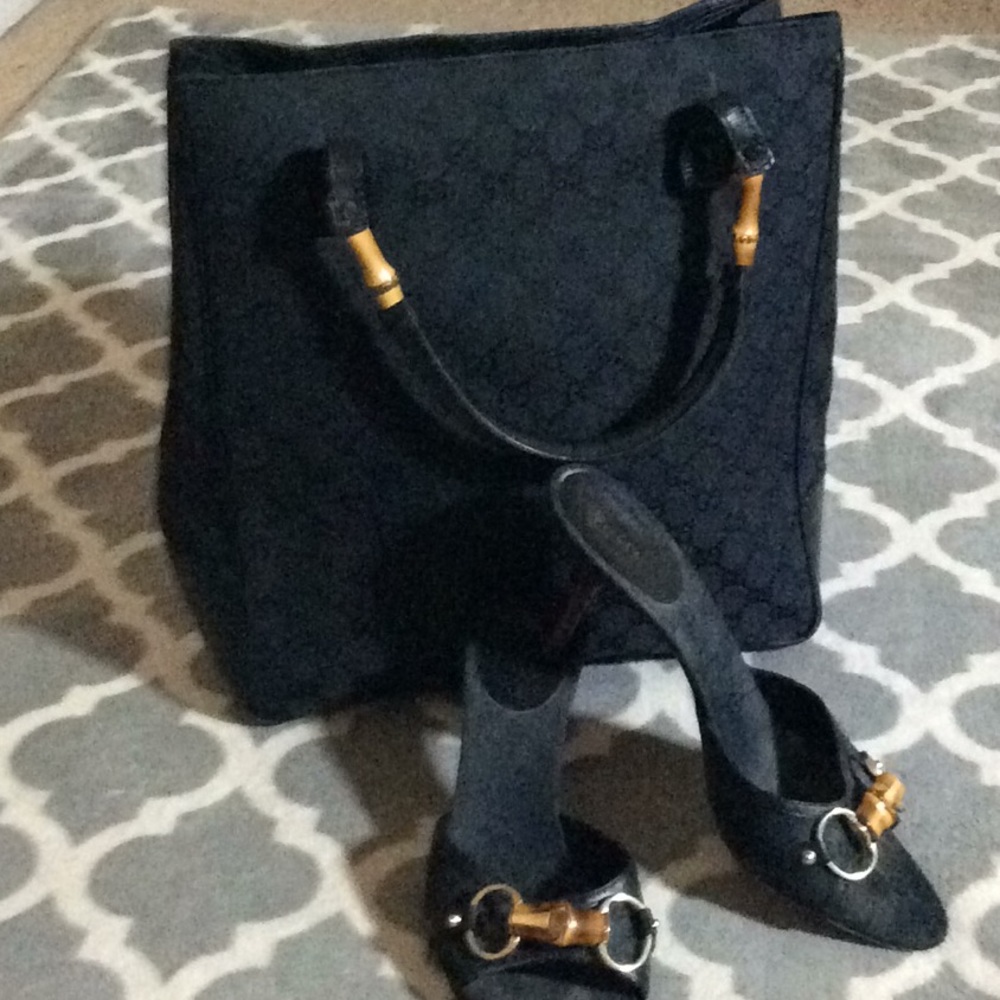 Vintage Gucci mono,bamboo& lizard bag and shoe set